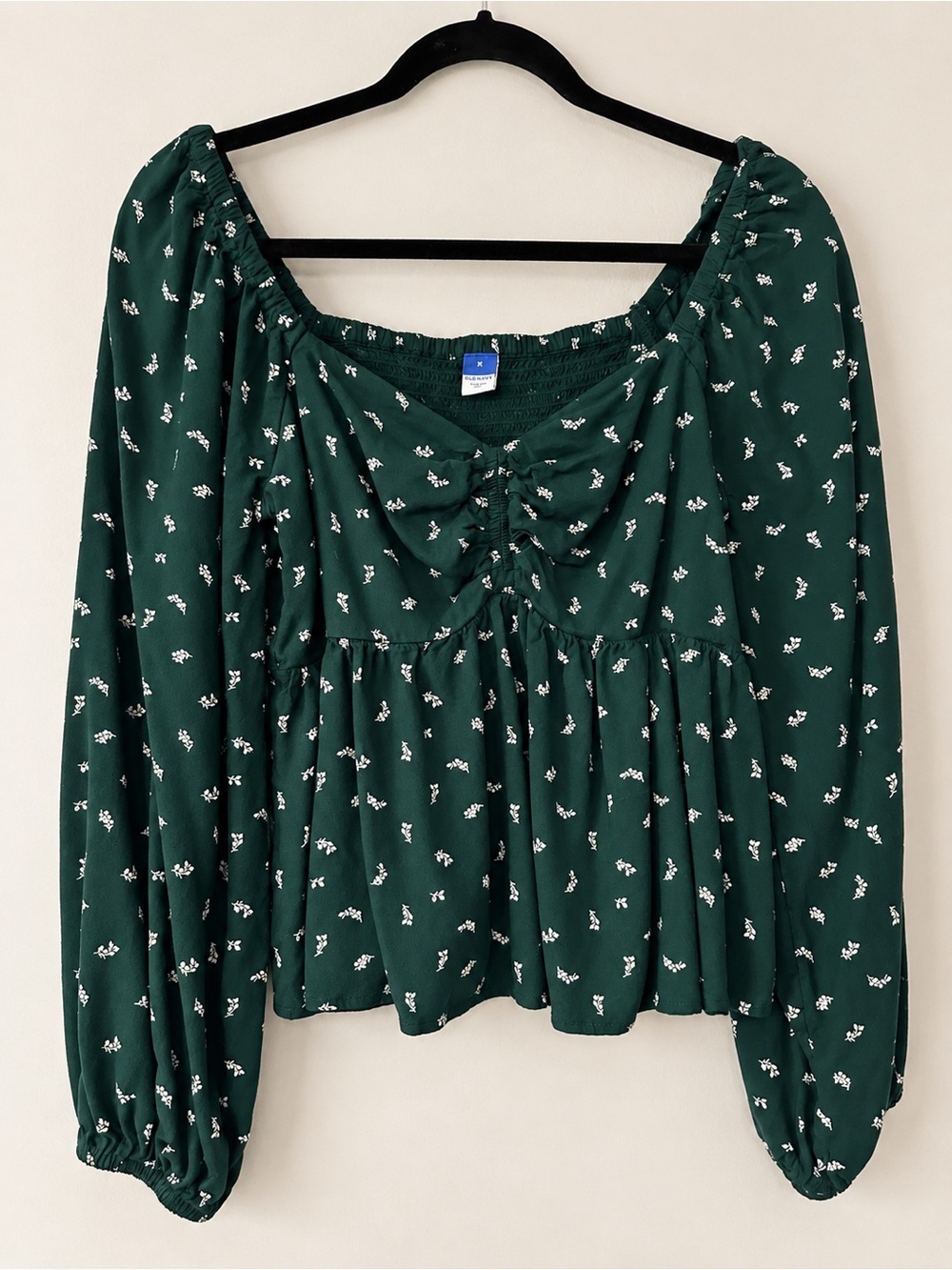 Old Navy Green Floral Ruched Square Neck Puff Sleeve Blouse